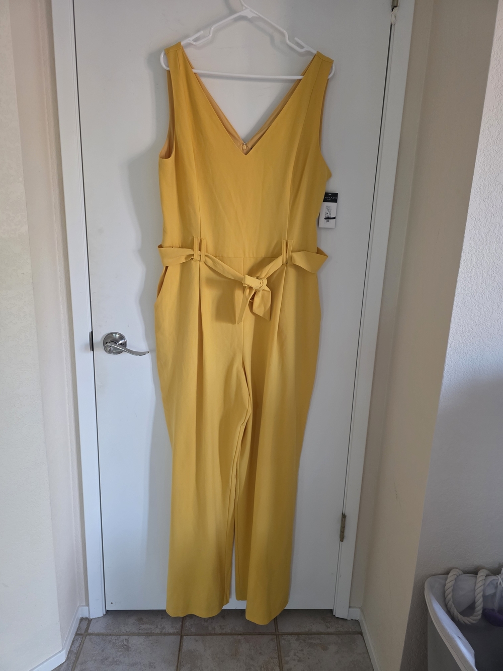 Tahari Sunny Yellow V-Neck Sleeveless Jumpsuit with Waist Tie